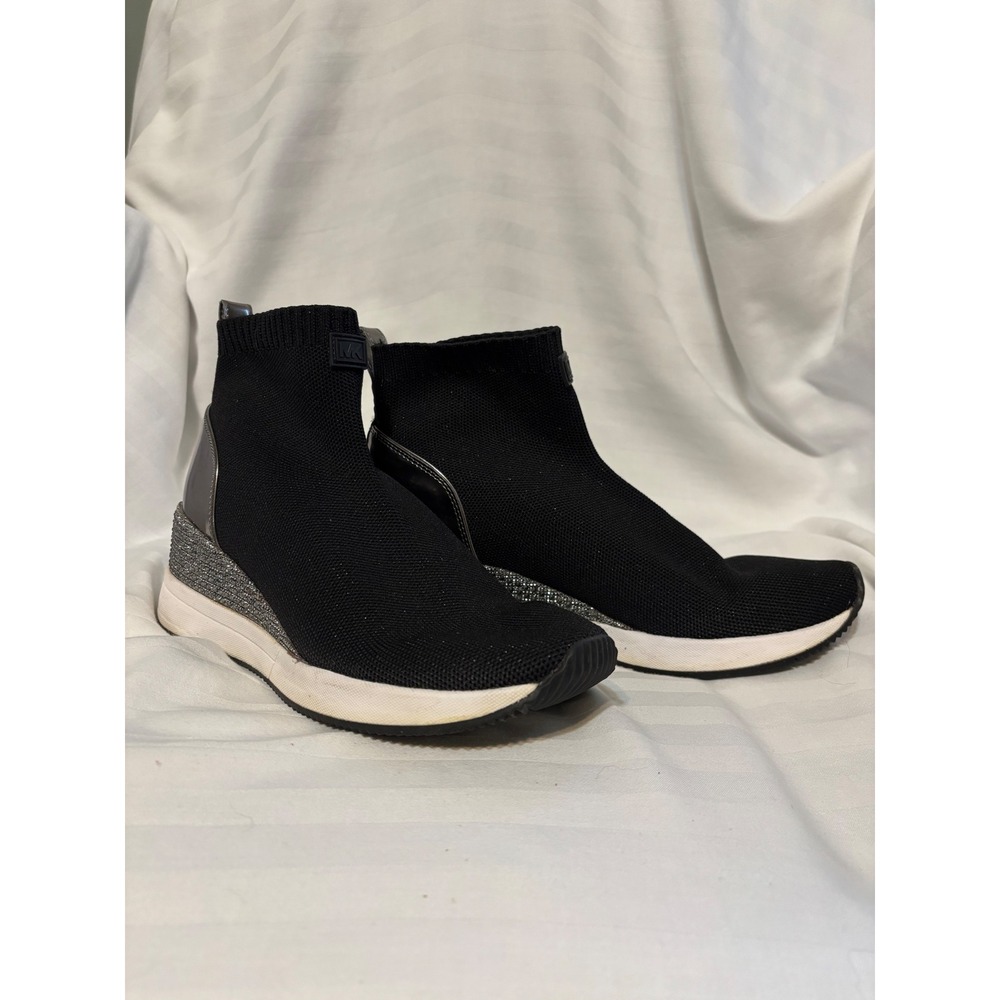 Michael Kors Skyler Black‎ Knit Wedge High Top Sneakers Metallic Silver 8.5M